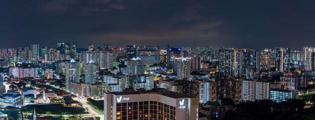Singapore - May 2021: Ultra wide panoramic view of Bugis and Kampong Glam (Arab Street), singapore at night.