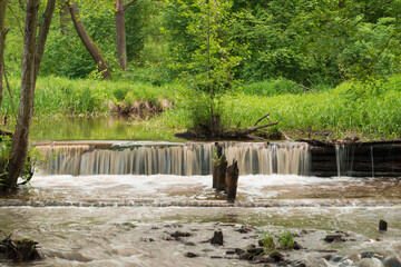 Wodospad na małej rzece płynącej przez las.