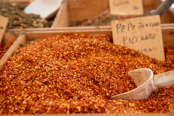 Hot red pepper. Spices are solding in outdoor market, Sicily, Italy