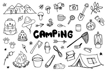 Doodle camping set. Isolated on white background drawing for prints, poster, cute stationery, travel design. Hand-drawn vector. Camping