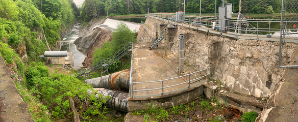 Panorama image of a dam on the Quechee River in Vermont built in the early 1960s