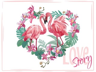 Flamingo love. A love story of birds.