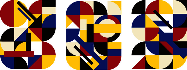 Bauhaus abstract posters set. Geometric pattern scandinavian swiss background. Circles and square bauhaus banner. Retro style vector illustration design