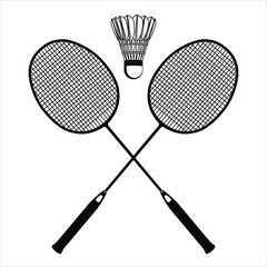 Flat blac badminton racket and shuttlecock black silhouettes, vector illustration isolated on white background. Essential badminton sport game equipment.
