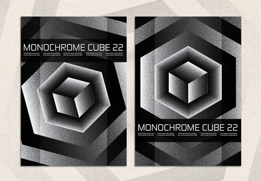Monochrome Isometric Cube Poster Design Layout with Stipple Effect