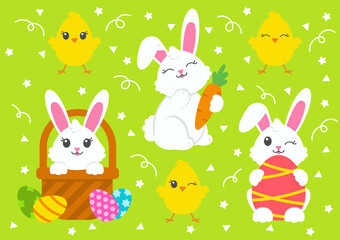 Happy Easter. Set of little cute rabbits. Carrot, basket, bunny, chicken, eggs. Colored flat vector illustration isolated on green background. Cartoon character.