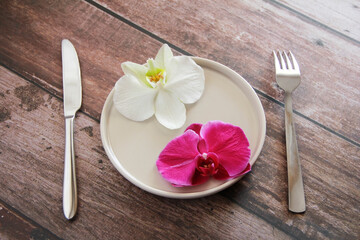 white and pink orchid flowers on a wooden background