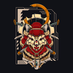 Mecha Samurai Fox Cyberpunk Illustration. Fox Head with Two Short Samurai Swords Shirt Design with a Robot Theme