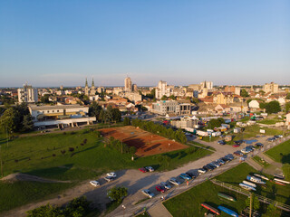 Bridge over the river Tamiš and entrance to the town of Pancevo. Aerial photography. 