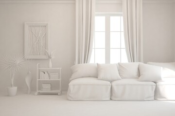 White minimalist living room with sofa. Scandinavian interior design. 3D illustration