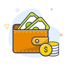 Foldable wallet outline vector icon. Bi-fold wallet with money.