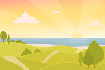 Vector illustration of the sea at sunset, in the foreground green hills and trees. Park with hills by the sea with sunrise and clouds. Sky and sea background in flat style