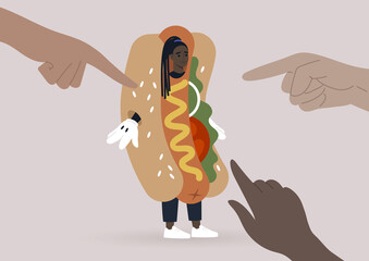 A young female Black character being bullied for their underpaid work as a hot dog promoter