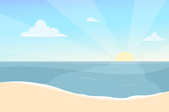 Vector illustration of the sea and the sun at dawn, the white line of the beach. Seashore with sunrise and lovely clouds. Sky and sea background in flat style