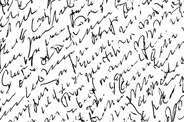 Grunge texture of unreadable handwritten text. Monochrome background of diagonal slanted uneven lines of a manuscript written in a careless illegible handwriting. Overlay template. Vector illustration