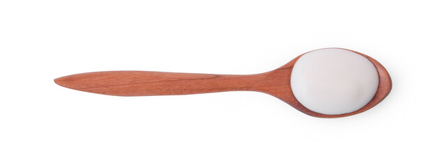wood spoon of sour cream yogurt isolated on white background