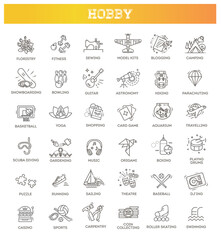 Hobbies and interest detailed line icons set in modern line icon style
