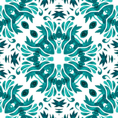 Arabesque hand drawn tile seamless ornamental watercolor paint pattern.