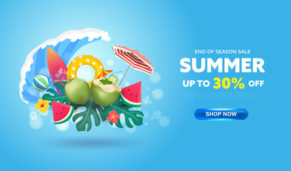 Summer banner special offer, discount, promotion banner for advertisement with watermelon, coconut, umbrella, ball, wave and surfboard element on blue background vector