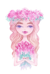 Cute girl with lavender flowers. Watercolor beauty woman in lavender wreath. Girl with bouquet purple flowers isolated on white.
