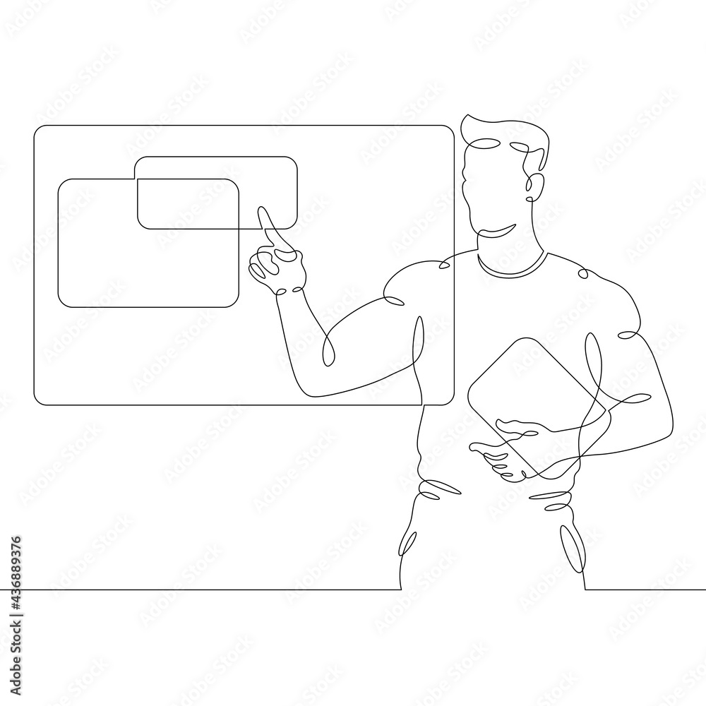 Poster one continuous line.programmer designer works with virtual screens. information technology.one conti