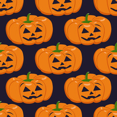 Cute dark seamless pattern with pumpkins, face and smile. Halloween party decoration. Vegetable print with a smirk. Festive background for paper, textile, holiday and design