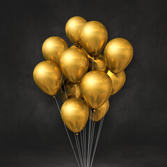 Fototapeta na wymiar Gold balloons bunch on a black wall background