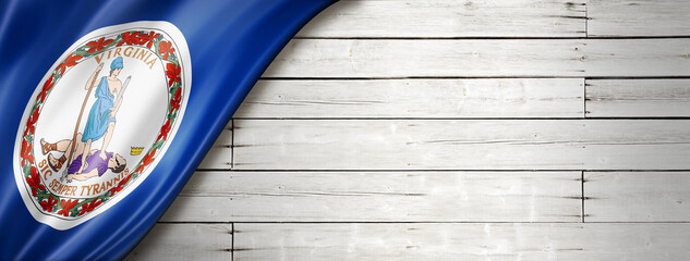 Virginia flag on white wood wall banner, USA