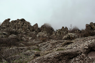 CRIMEA: Scenic landscape view of the foggy mountains