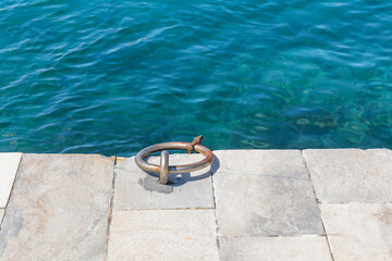 Ring Bollard. Isolated. Copy Space. High Angle View Of Ring Bollard At Harbor By Sea . Stock Image.