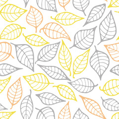 Vector leaves seamless pattern background. Gray, yellow and orange. Hand drawn doodle abstract repeat textures. Surface pattern design for greeting card, wrapping, wallpaper.