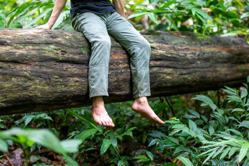 The bare feet of an Asian man sit on a large fallen tree in a humid forest with moss on a log. The...