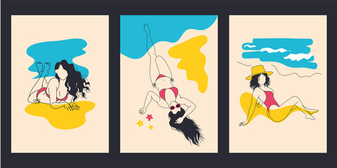 Beach girls having sunbuth on the seaside. Summer recreation. Set of vector illustration, tamplate, minimalism, abstraction, contemporary line art. Poster, banner, print, design element, shopping bag