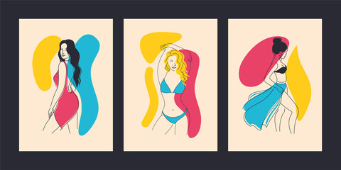 Beautiful girls in bikini, dress, pareo posing standing. Beach, vacation, travel, beauty, fashion. Set of vector illustration, minimalism, lineart, concept. Poster, postcard, print, interior decor