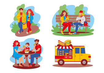 People eating fast food outdoors. Family, freinds, man, woman enjoing street food. Mobile cafe, food truck. Set of vector illustration, concept, character design