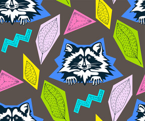 Vector background hand drawn racoon. Hand drawn ink illustration. Modern ornamental decorative background. Print for textile, cloth, wallpaper, scrapbooking - 436890914