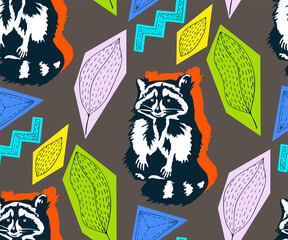 Vector background hand drawn racoon. Hand drawn ink illustration. Modern ornamental decorative background. Print for textile, cloth, wallpaper, scrapbooking - 436890925