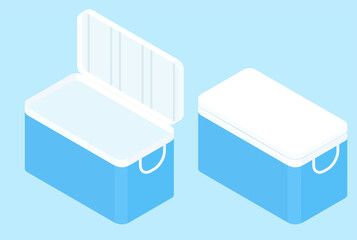 Isometric  handheld blue refrigerator isolated on white background. Cartoon cooler box.