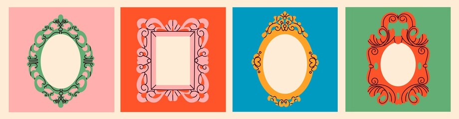 Set of various decorative Frames or borders. Different shapes. Photo or mirror frames. Vintage, retro design. Elegant, modern style. Hand drawn trendy Vector illustration. All elements are isolated - obrazy, fototapety, plakaty