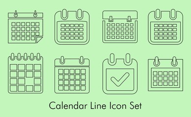 Calendar line icon set of eight as graphics design elements