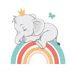 Vectorillustratie van een schattige babyolifant, slapen op de regenboog.