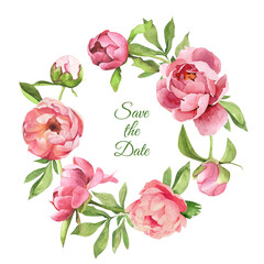 Watercolor floral wreath of pink peony and leaves - 436892123