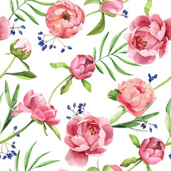 Seamless watercolor floral pattern with peony - 436892156