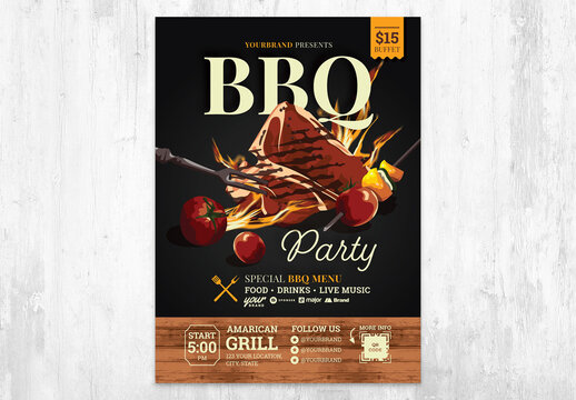 BBQ Cookout Flyer Layout with Barbecue Meat Grilled Vector