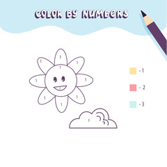 Color cute sun and cloud by number. Educational math game for children. Coloring page.
