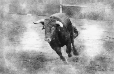 Afwasbaar fotobehang Brown bull attacking Spanish bullfighter hand drawing effect with pencils © Fernando Cortés