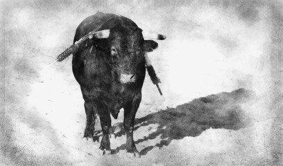 Spanish bull. Bullfight. hand drawing effect with pencils