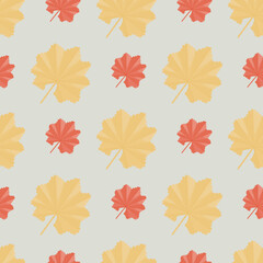 Yellow and orange tropic leaves ornament seamless seasonal nature pattern. Pastel blue background.