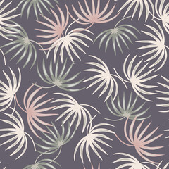 Pastel colores tropic leaf shapes seamless pattern in doodle style. Pale purple background. Nature backdrop.