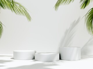 3D render podium, showcase on light white background with shadows in green tropical leaves of plants. Abstract natural,organic background for advertising products, spa body care, relaxation, health.